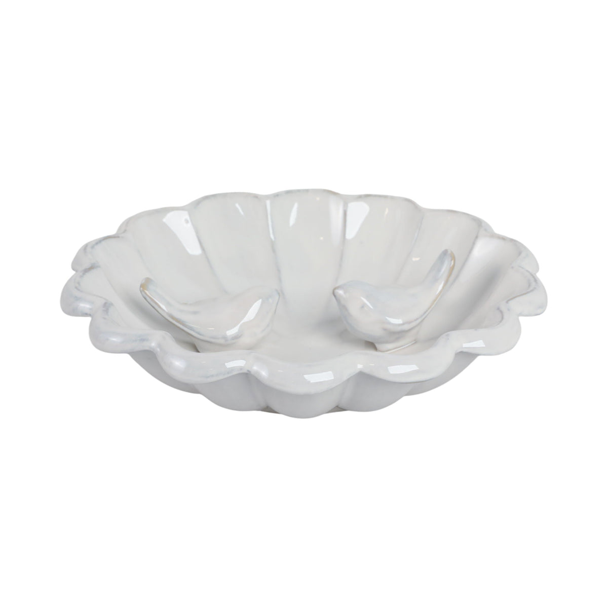 10" x 2" Birdbath With 2 Perched Birds - White