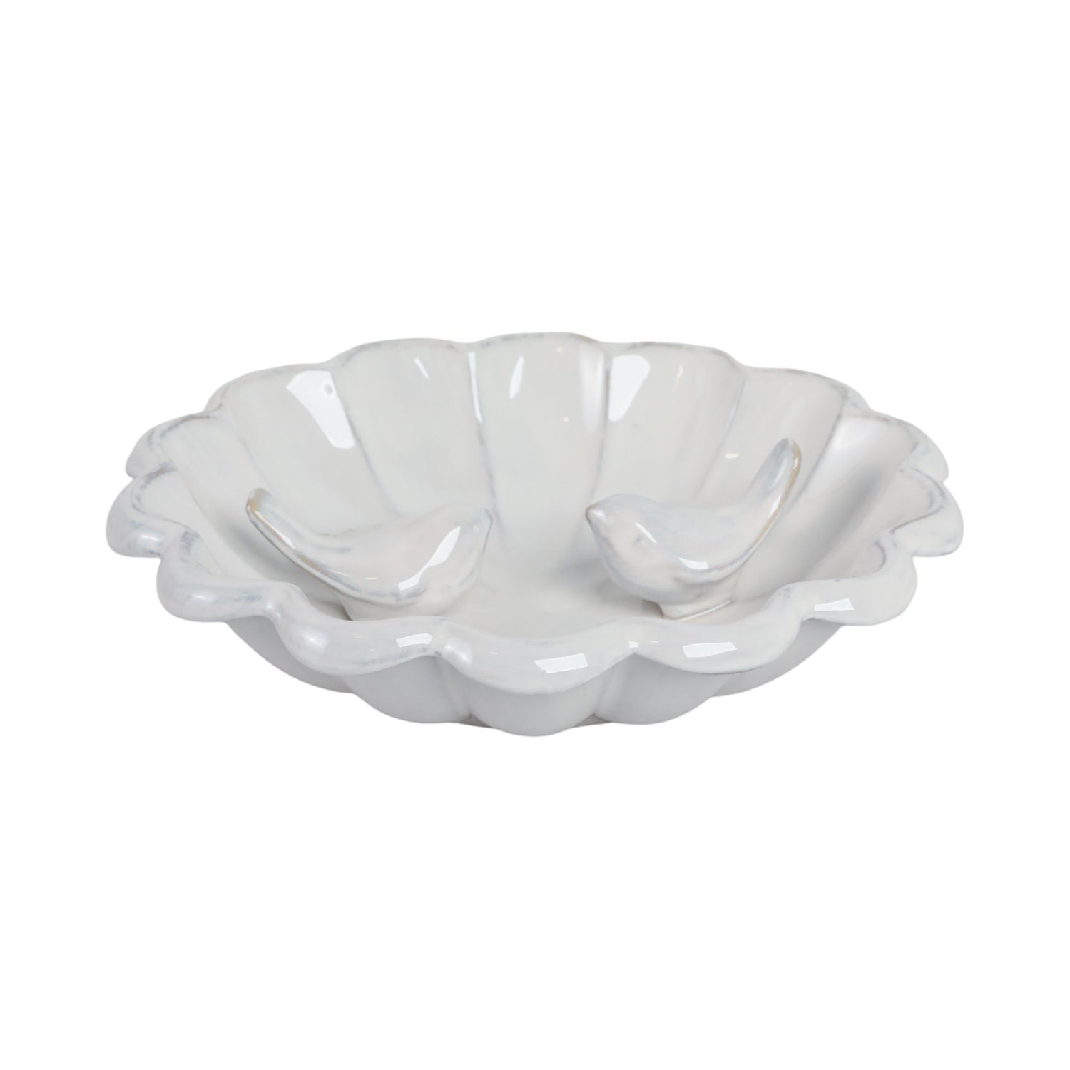 10" x 2" Birdbath With 2 Perched Birds - White