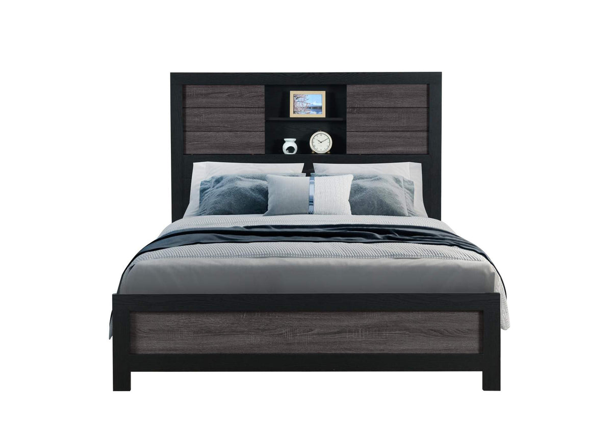 LISBON-GREY_BLACK-BOOKCASE_QB LISBON GREY - BLACK BOOKCASE QUEEN BED