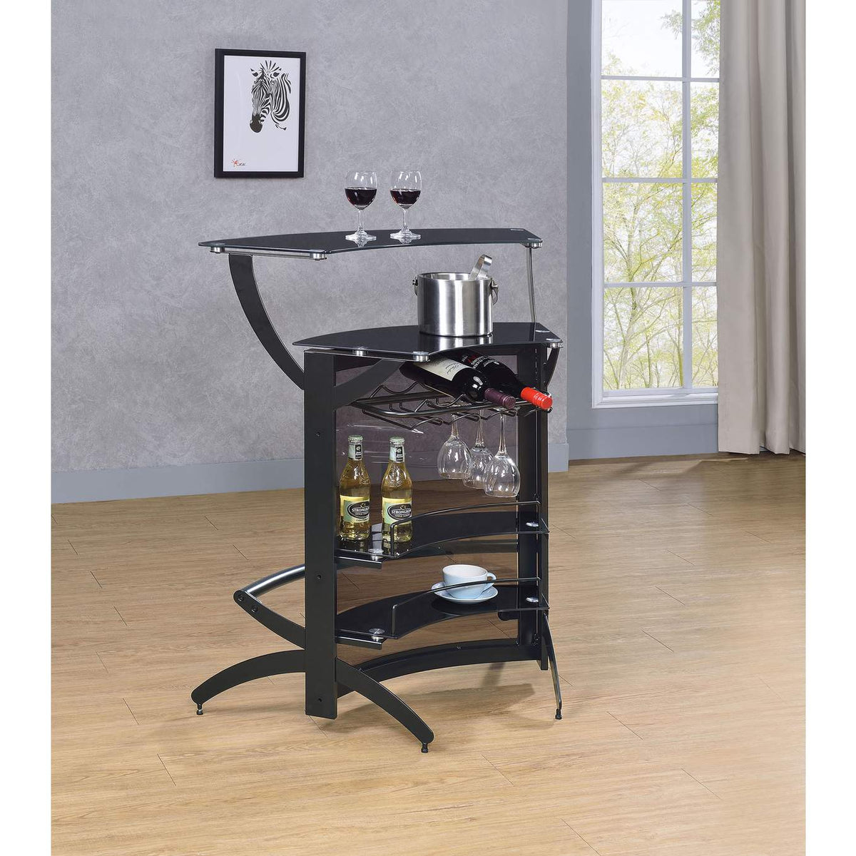 182135 Dallas 2-shelf Curved Freestanding Home Bar Cabinet Black