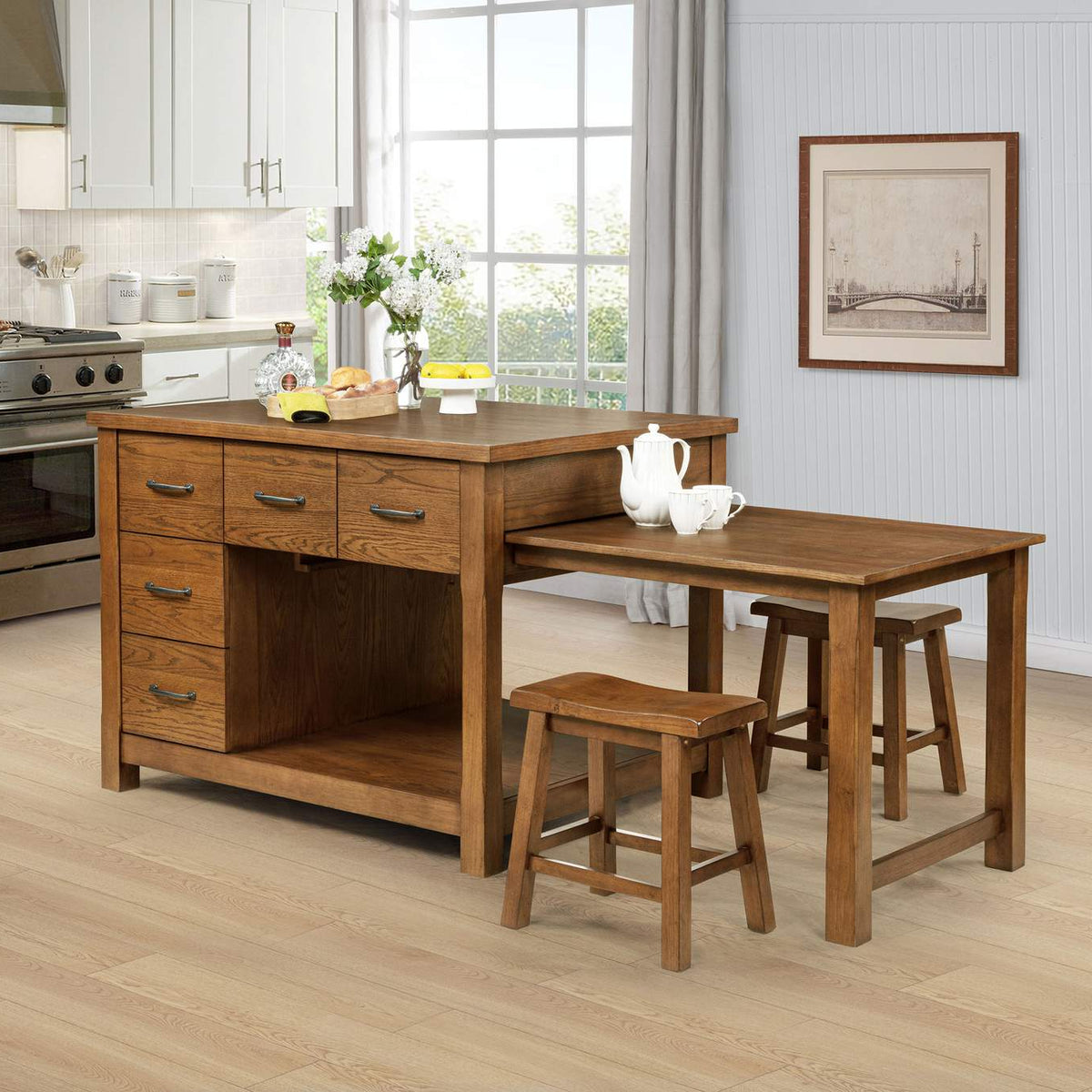 182446 Mayfair 3-piece Kitchen Island with Extension Table Dark Oak