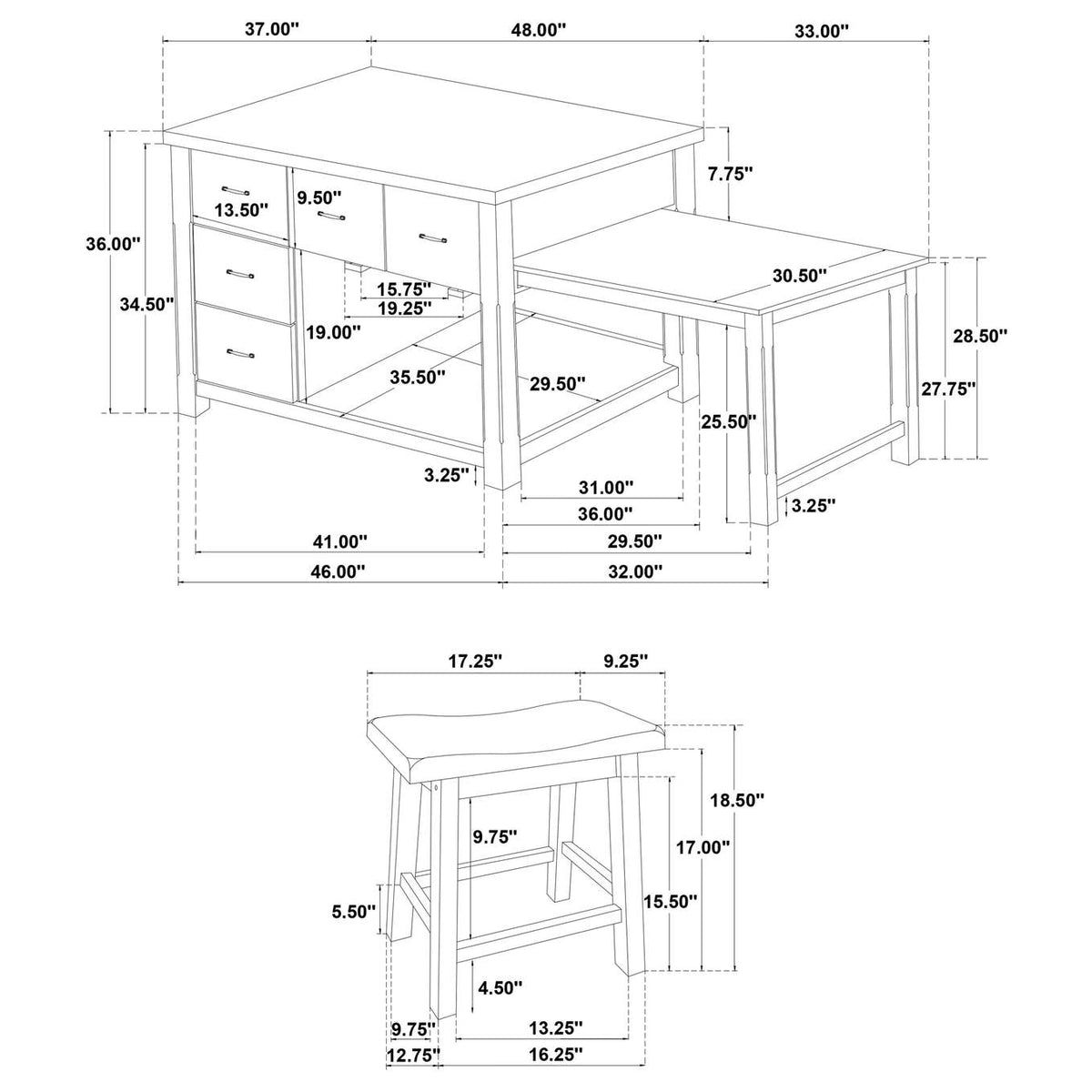 182446 Mayfair 3-piece Kitchen Island with Extension Table Dark Oak