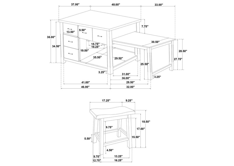 182446 Mayfair 3-piece Kitchen Island with Extension Table Dark Oak