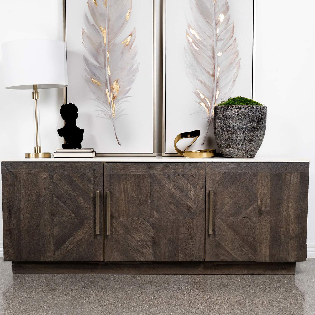 190655 Dennis 3-door Marble Top Sideboard Buffet Tobacco Grey