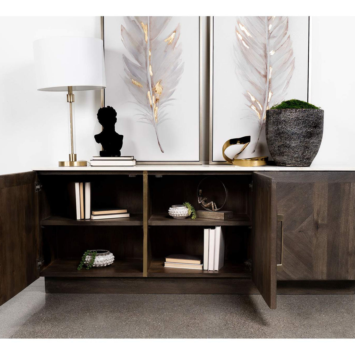 190655 Dennis 3-door Marble Top Sideboard Buffet Tobacco Grey