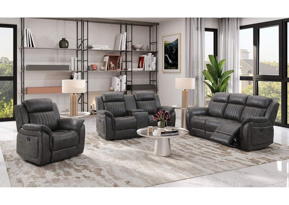 U8517-GREY-RS_CRLS_GR-N U8517 GREY RECLINING SOFA - CONSOLE RECLINING LOVESEAT - GLIDER RECLINER