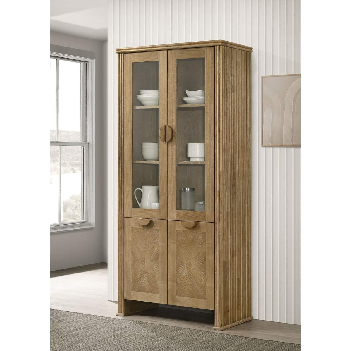 193616 Adina 77-inch Tall Display Cabinet Distressed Light Brown