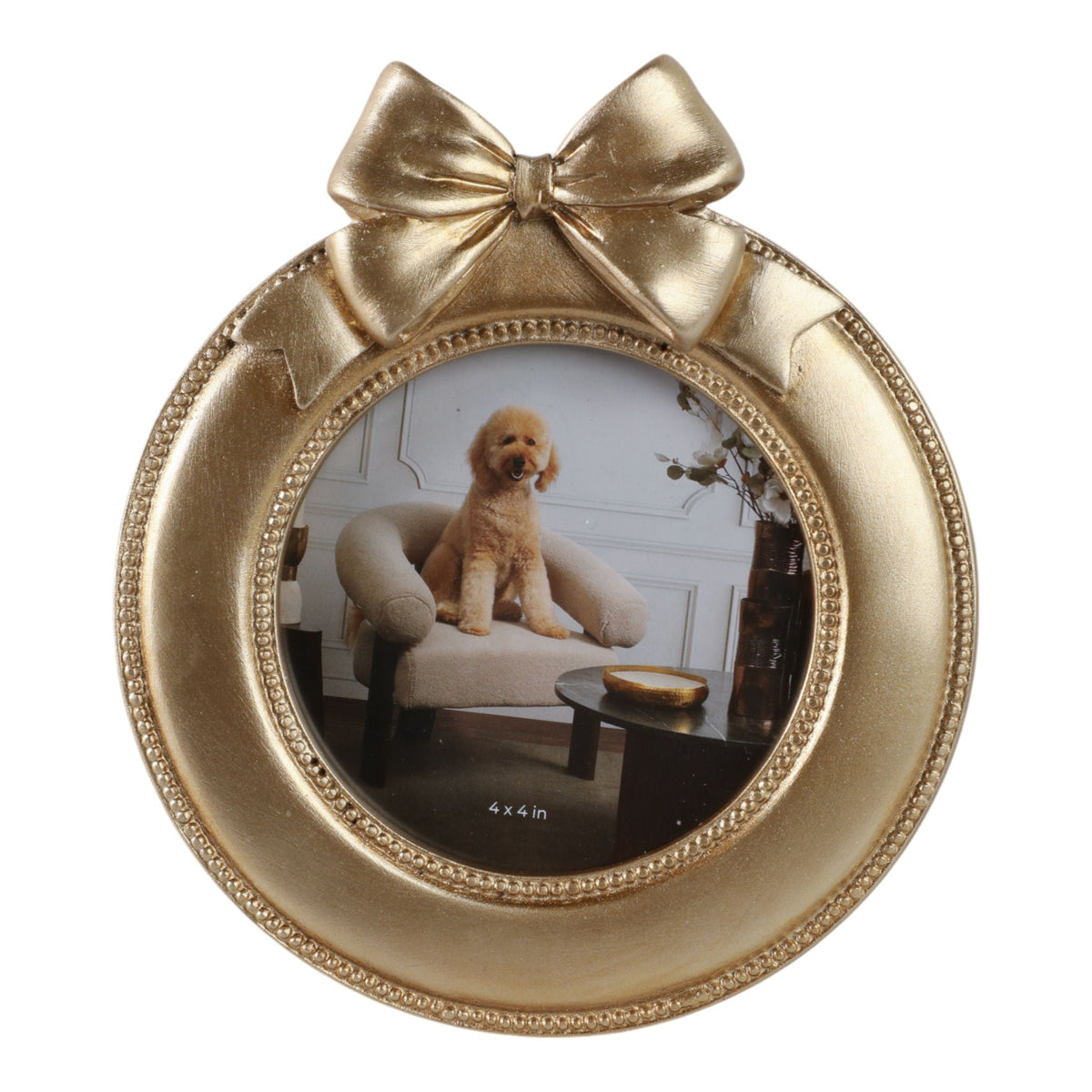 4" x 4" Bow On Round Photo Frame - Gold