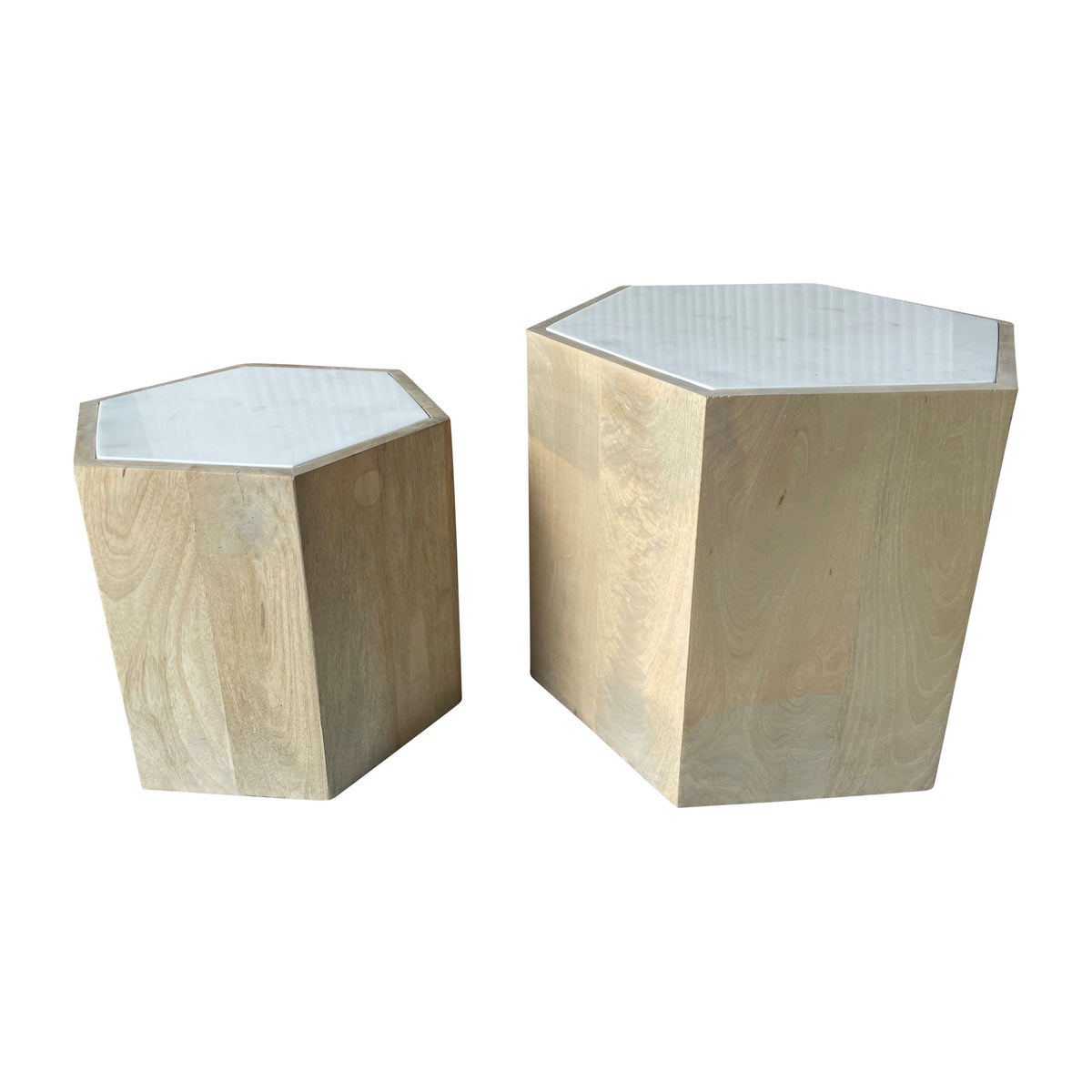 Wood / Marble 14 / 20" Hexagonal Side Tables (Set of 2) - Natural