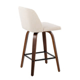 Tintori - Fixed-Height Counter Stool (Set of 2) - Walnut Wood With Square Black Footrest And Cream Noise Fabric