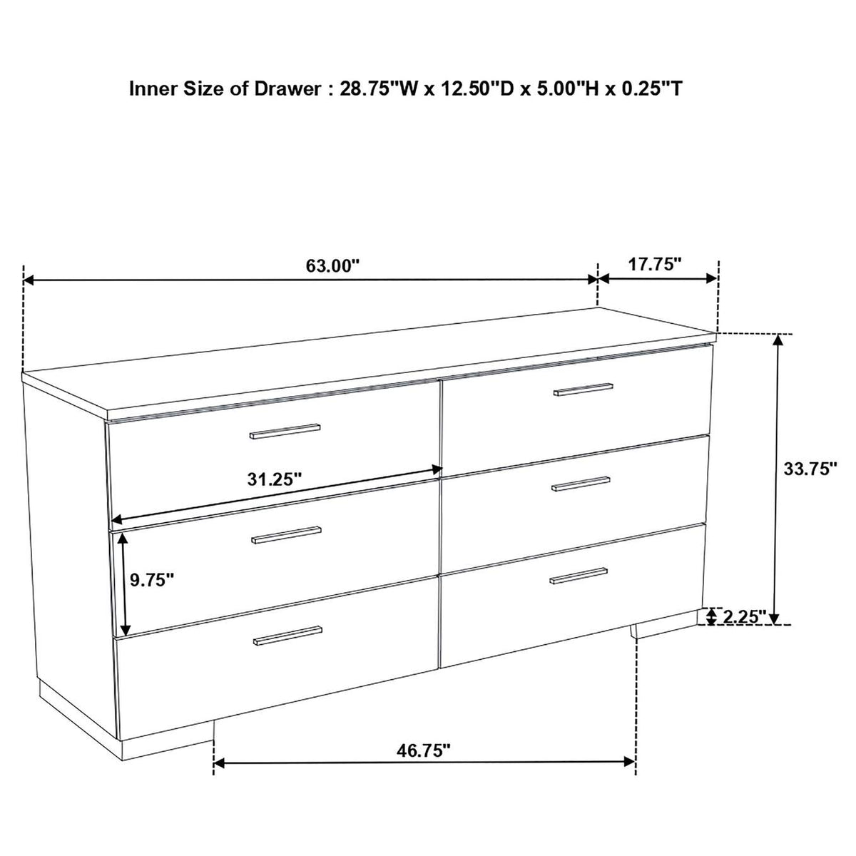 203503 Felicity 6-drawer Dresser White High Gloss