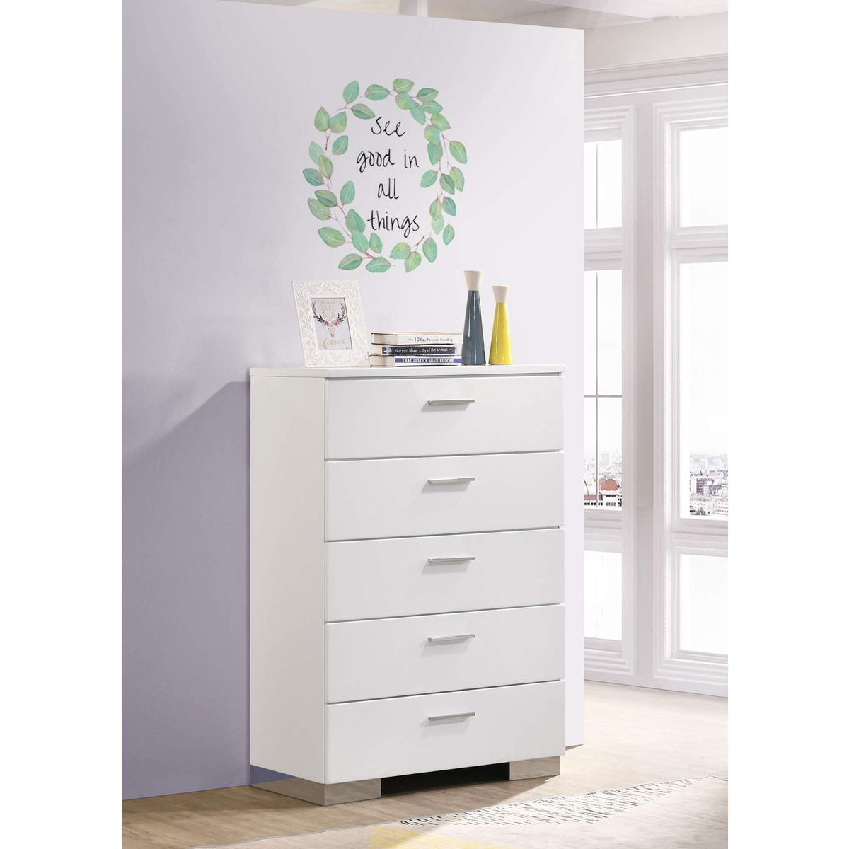 203505 Felicity 5-drawer Bedroom Chest White High Gloss