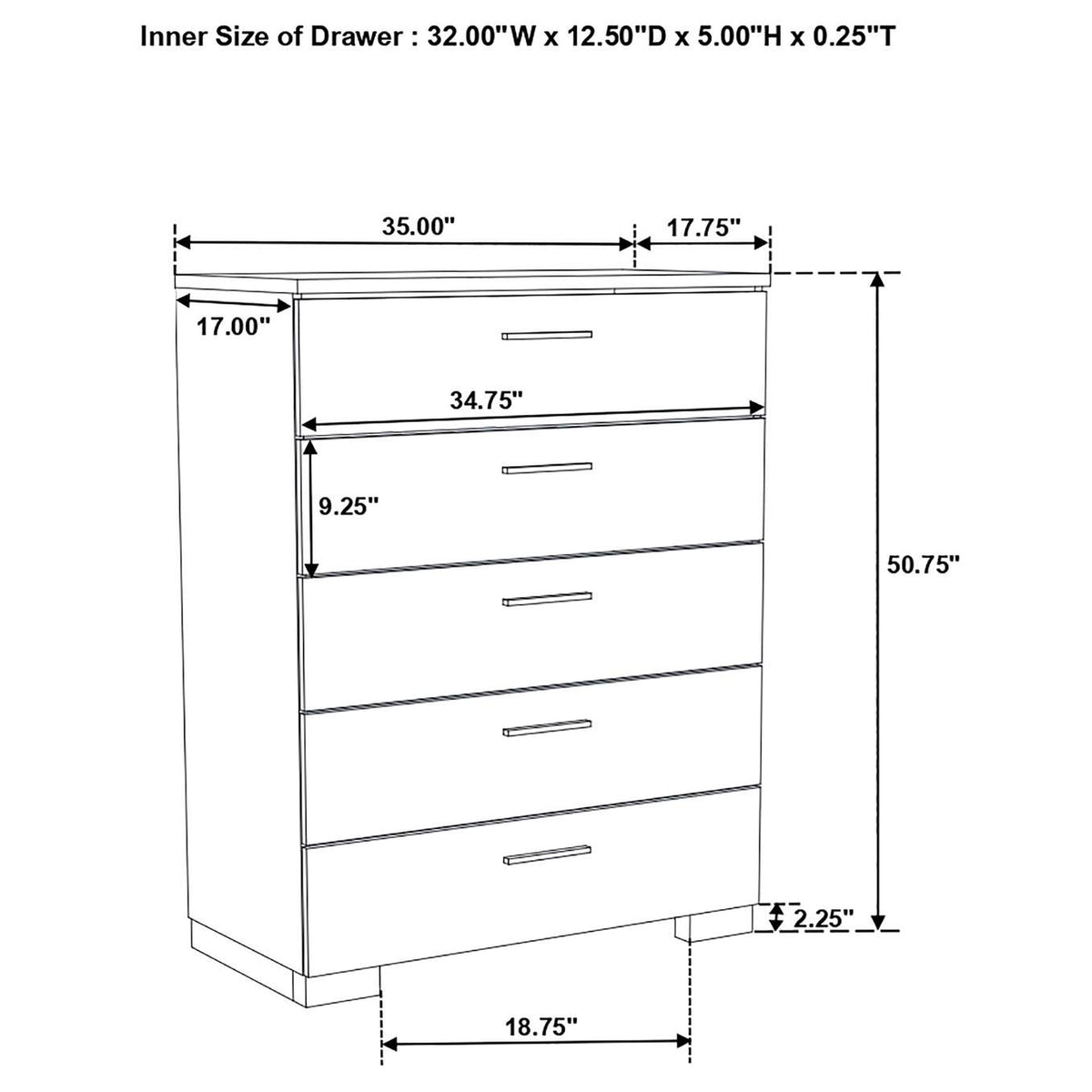 203505 Felicity 5-drawer Bedroom Chest White High Gloss