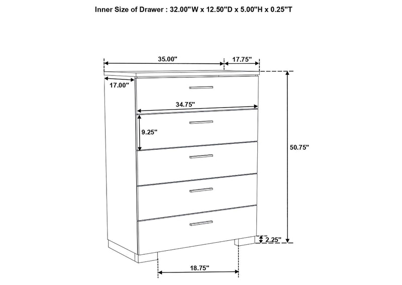 203505 Felicity 5-drawer Bedroom Chest White High Gloss