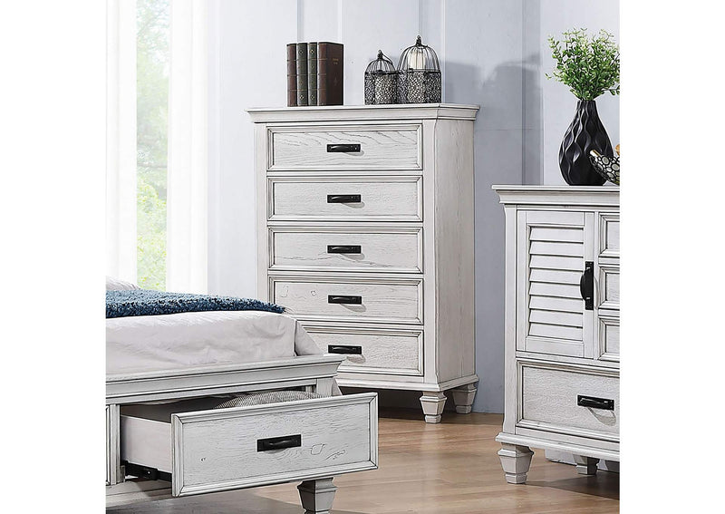 205335 Franco 5-drawer Bedroom Chest Distressed White