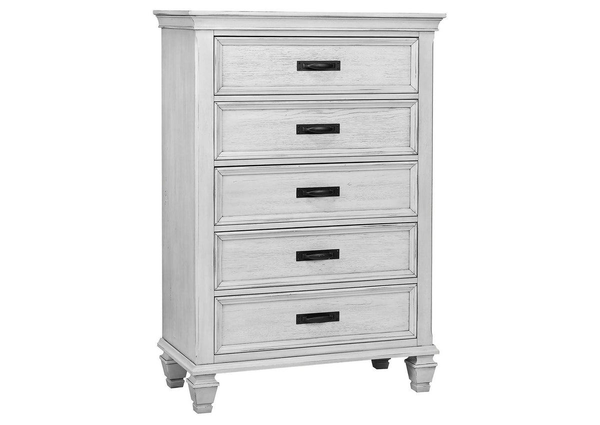 205335 Franco 5-drawer Bedroom Chest Distressed White
