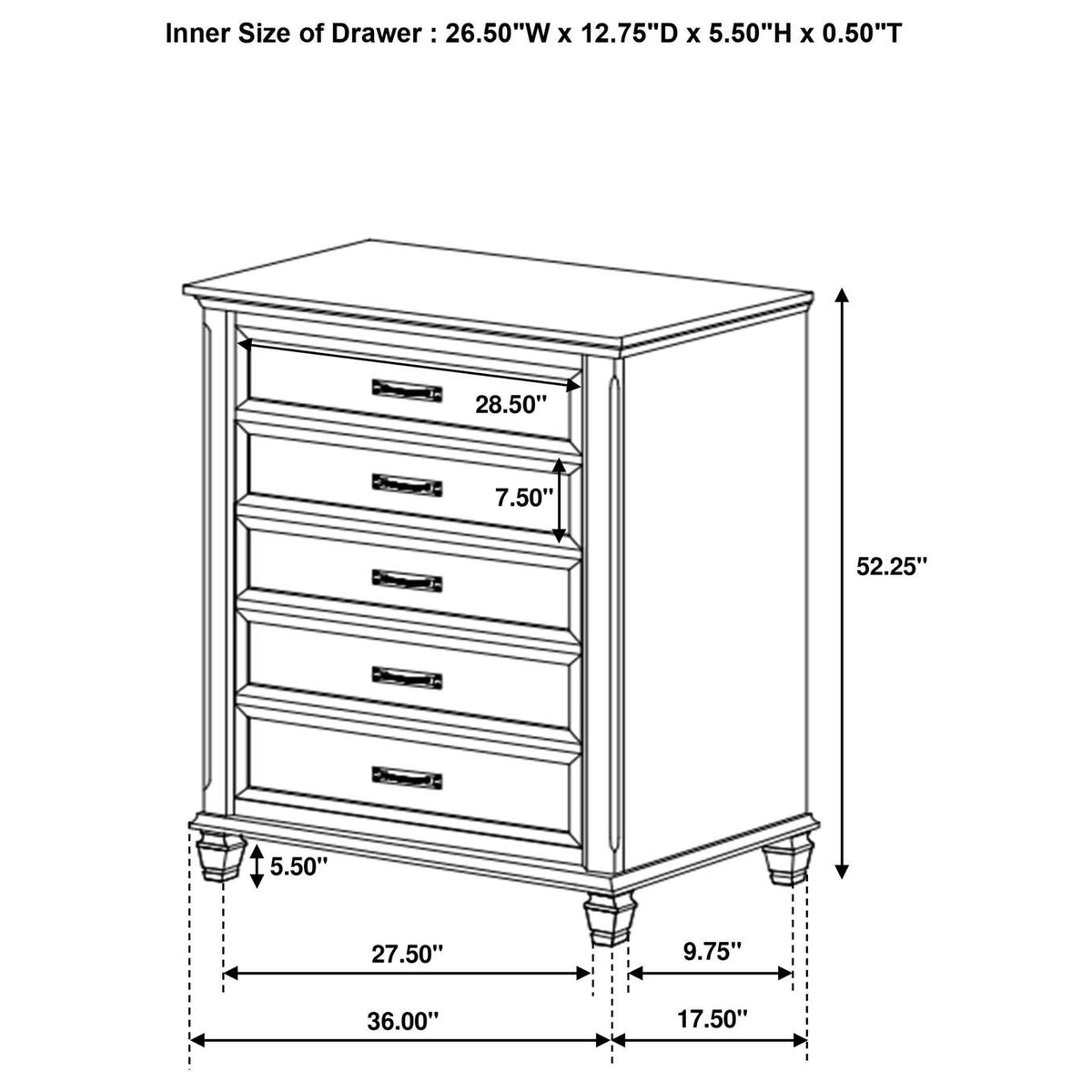205335 Franco 5-drawer Bedroom Chest Distressed White
