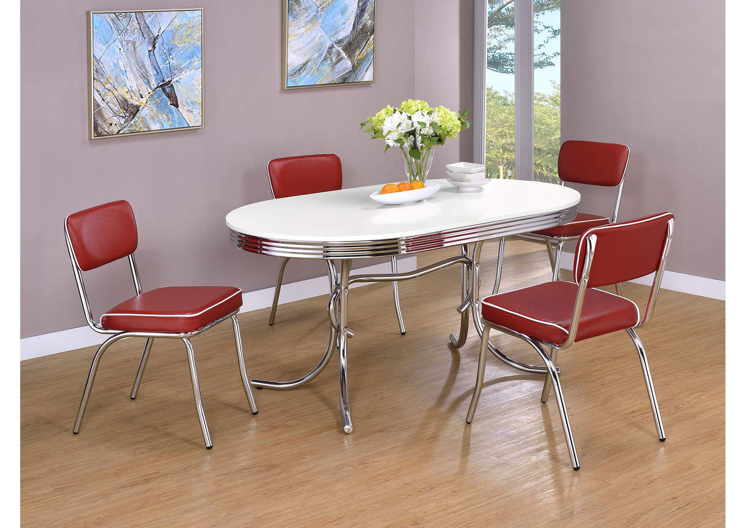 Retro 5-piece Oval Dining Table Set White and Red