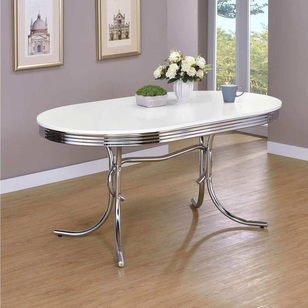 2065 Retro Oval 60-inch Wood Top Dining Table White and Chrome