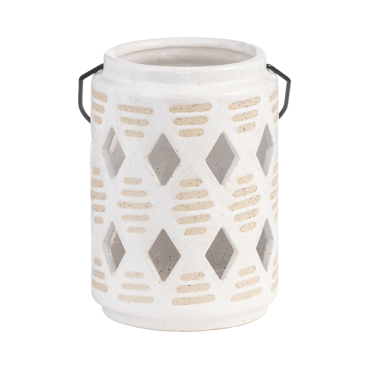Ceramic Diamond Cut-Out Lantern 6" - Ivory