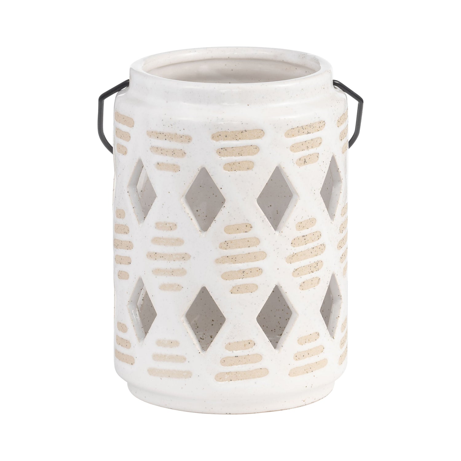 Ceramic Diamond Cut-Out Lantern 6" - Ivory