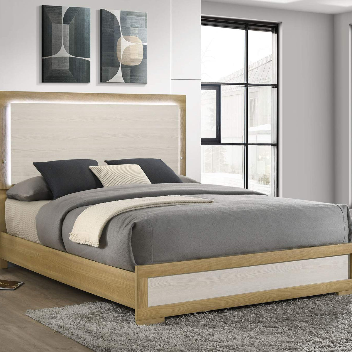 215651Q Hyland Wood Queen LED Panel Bed Natural and White
