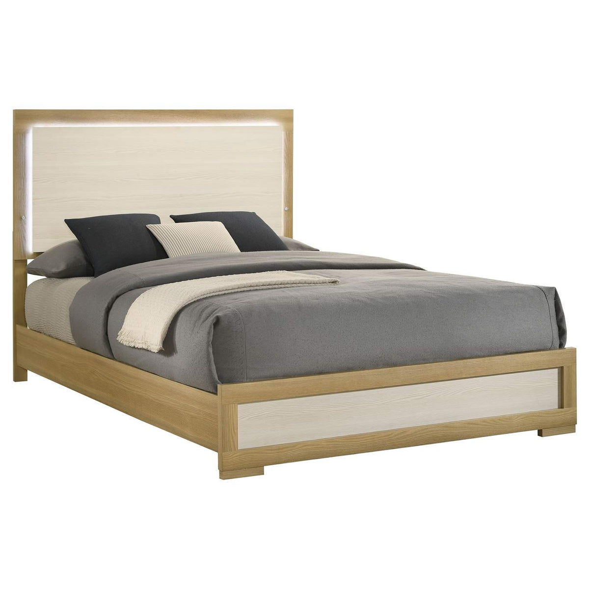 215651Q Hyland Wood Queen LED Panel Bed Natural and White