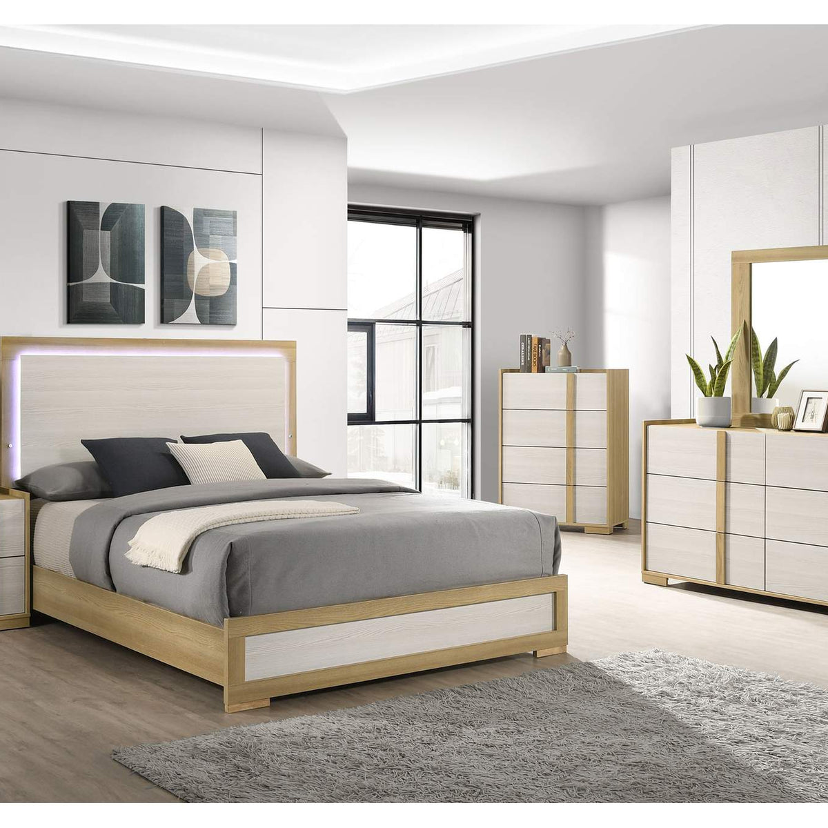 215651Q Hyland Wood Queen LED Panel Bed Natural and White