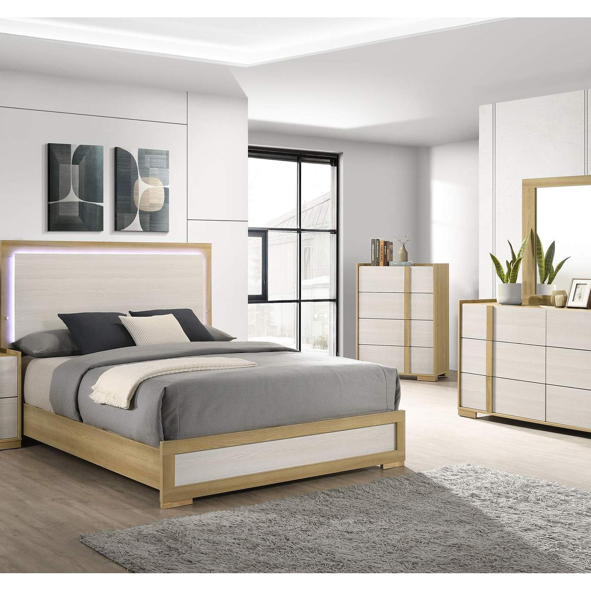 215651Q Hyland Wood Queen LED Panel Bed Natural and White