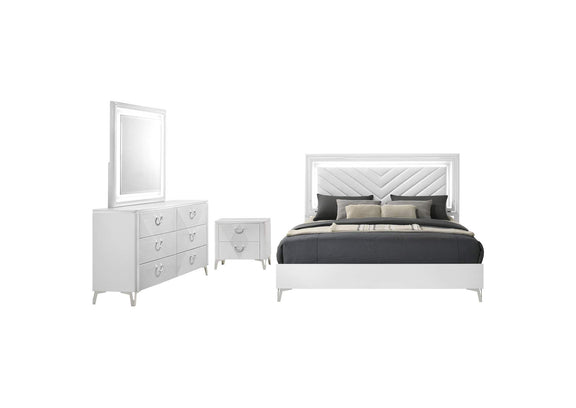 215791KE-S4 Cassia 4-piece Eastern King LED Bedroom Set White High Gloss