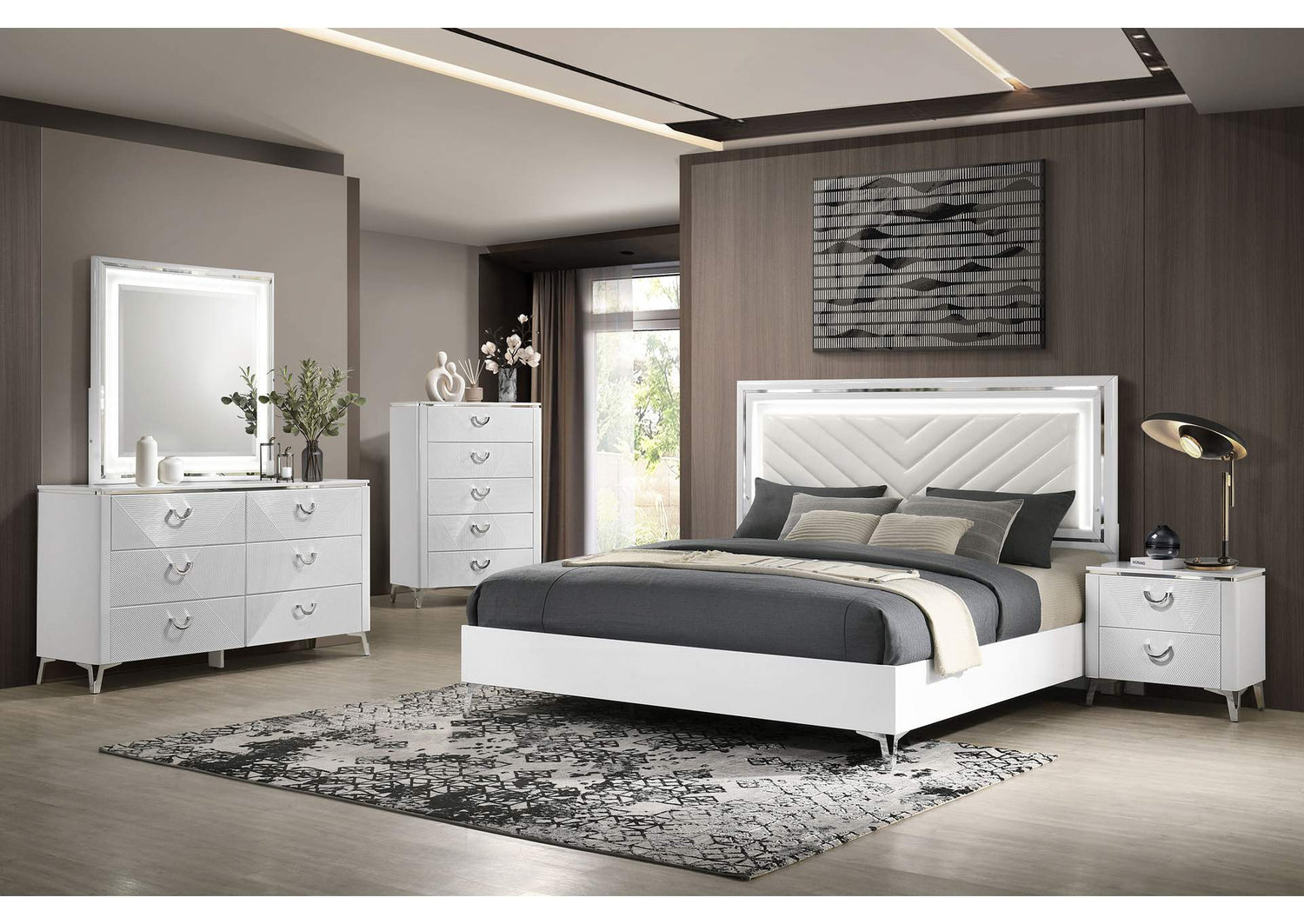 215791KE-S5 Cassia 5-piece Eastern King LED Bedroom Set White High Gloss