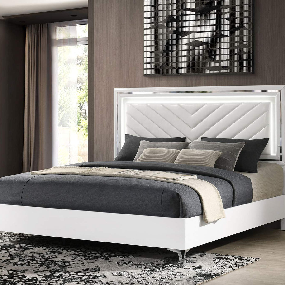 215791KE Cassia Eastern King LED Panel Bed White High Gloss