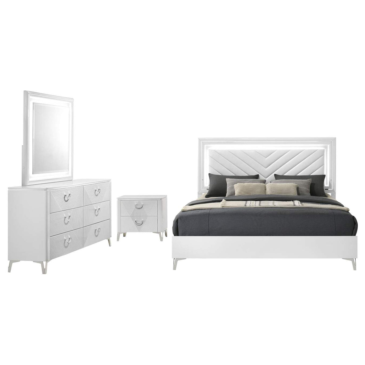 215791Q-S4 Cassia 4-piece Queen LED Bedroom Set White High Gloss