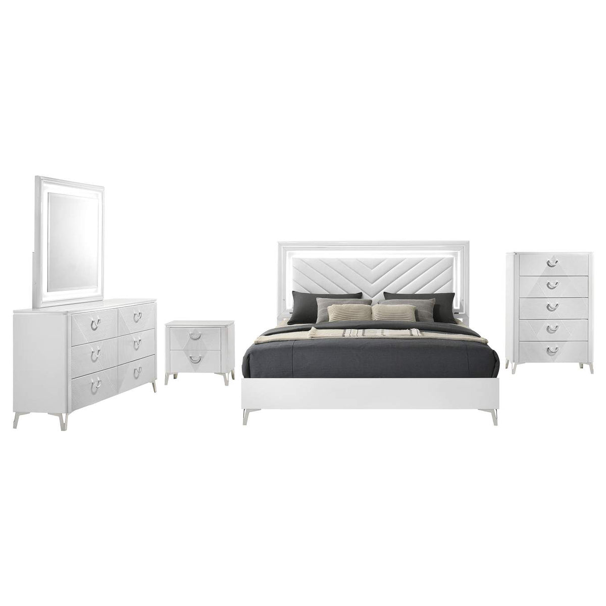 215791Q-S5 Cassia 5-piece Queen LED Bedroom Set White High Gloss