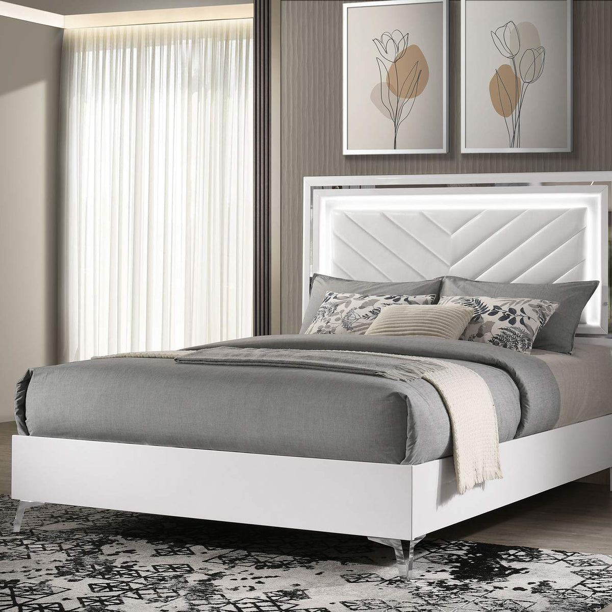 215791Q Cassia Queen LED Panel Bed White High Gloss
