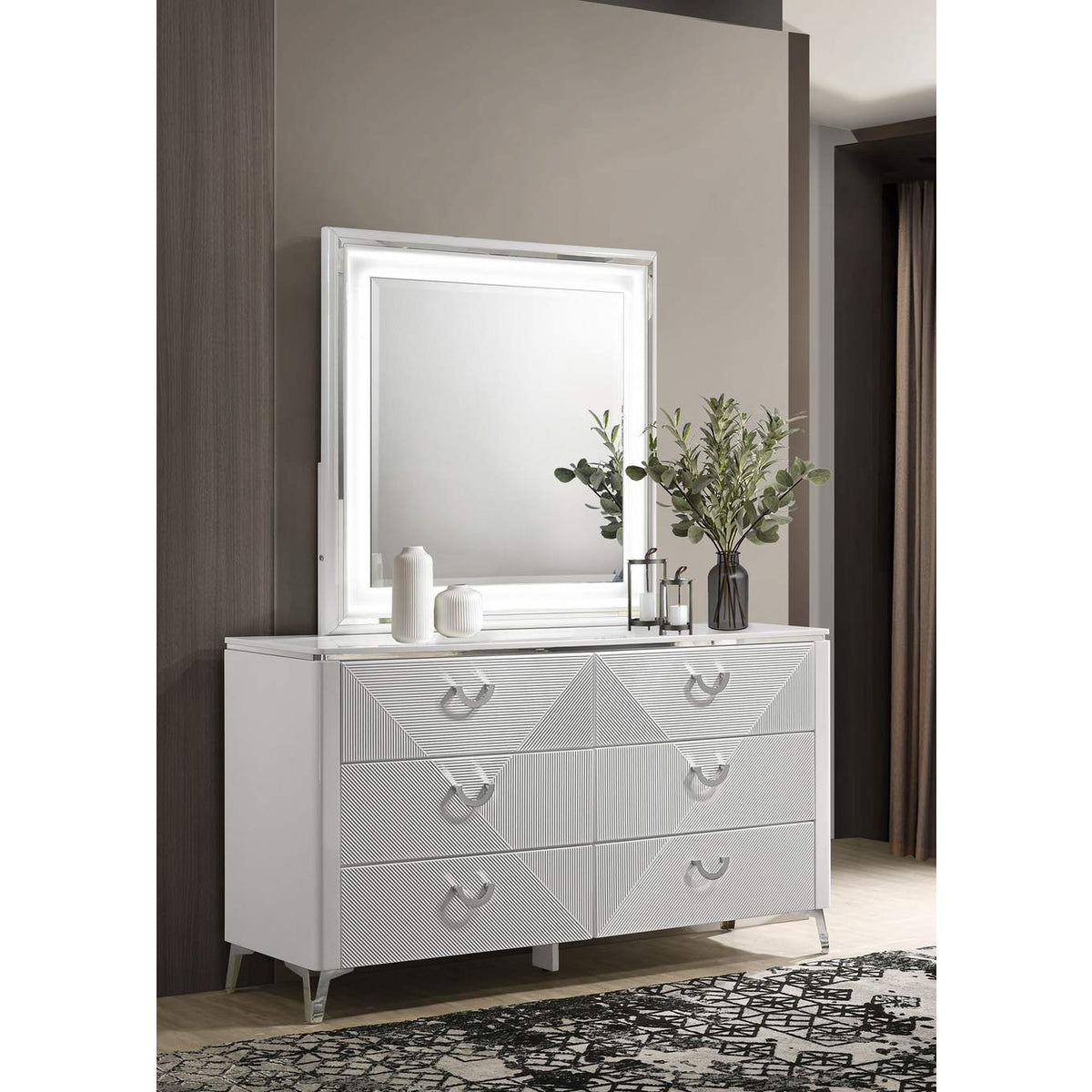 215793M Cassia 6-drawer Dresser Cabinet with Mirror White High Gloss