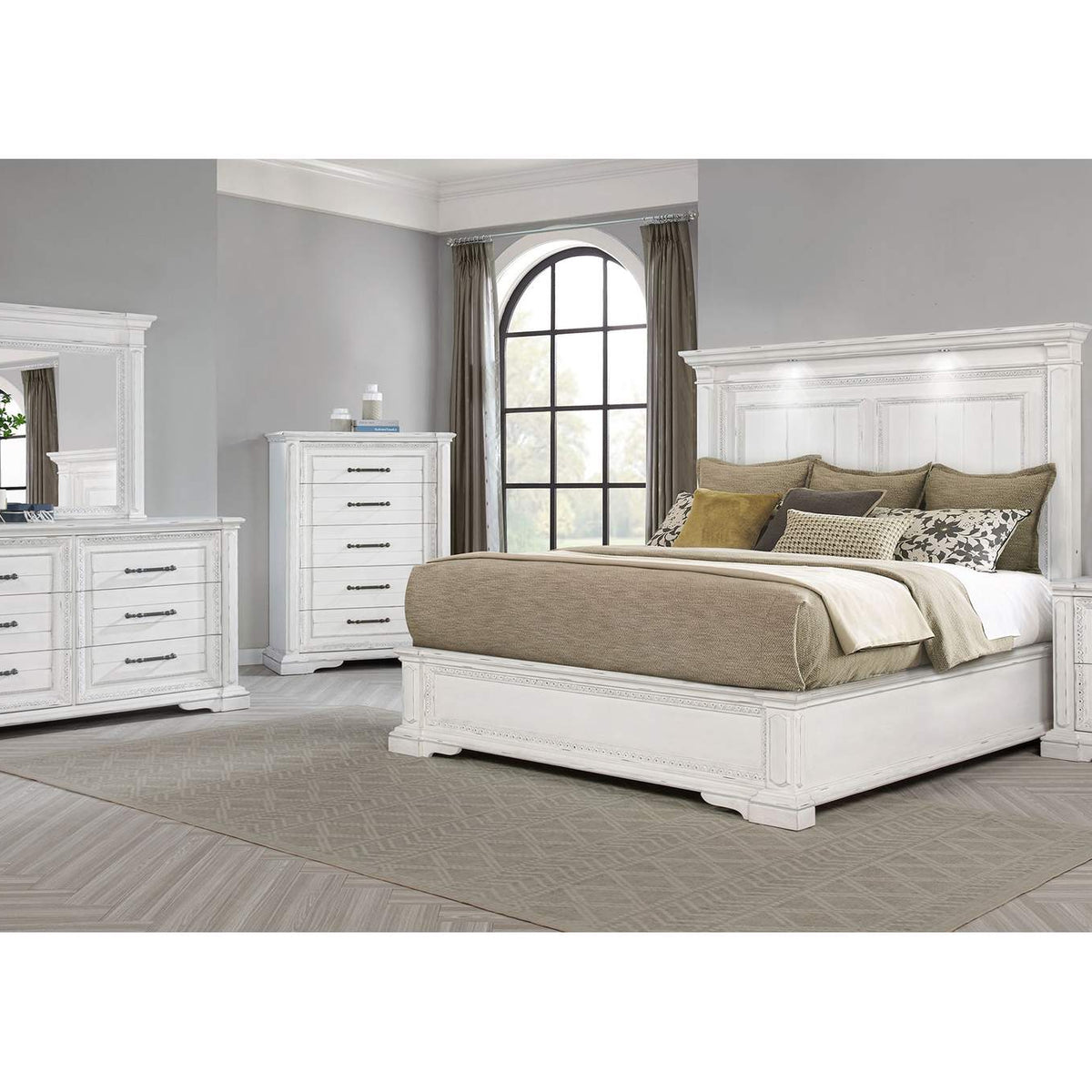 215871KE McKinney Eastern King LED Light Panel Bed Vintage White