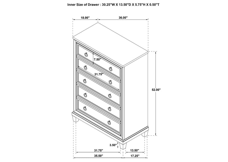 215925 Pembroke 5-drawer Chest of Drawers Washed Oak