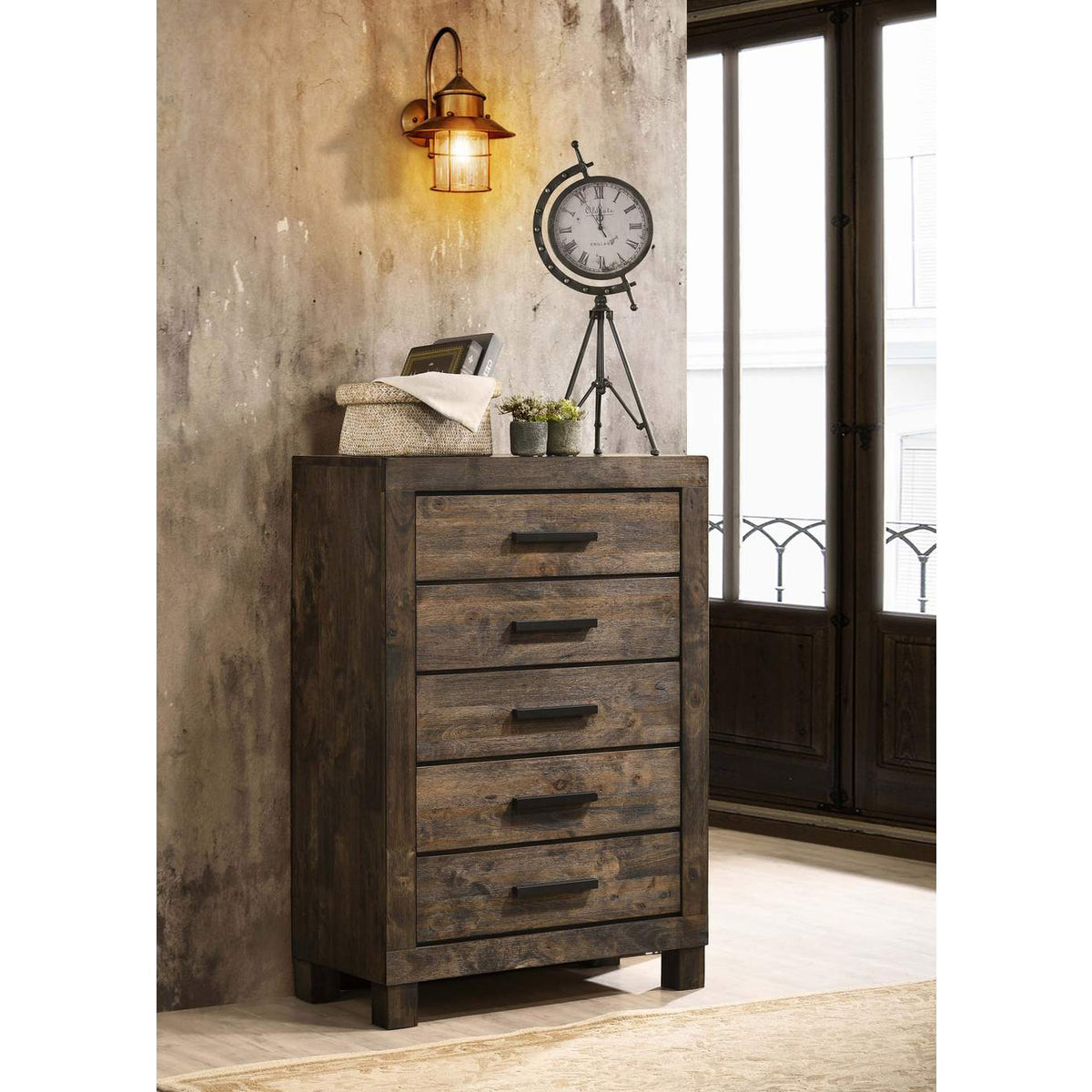 222635 Woodmont 5-drawer Bedroom Chest Rustic Golden Brown