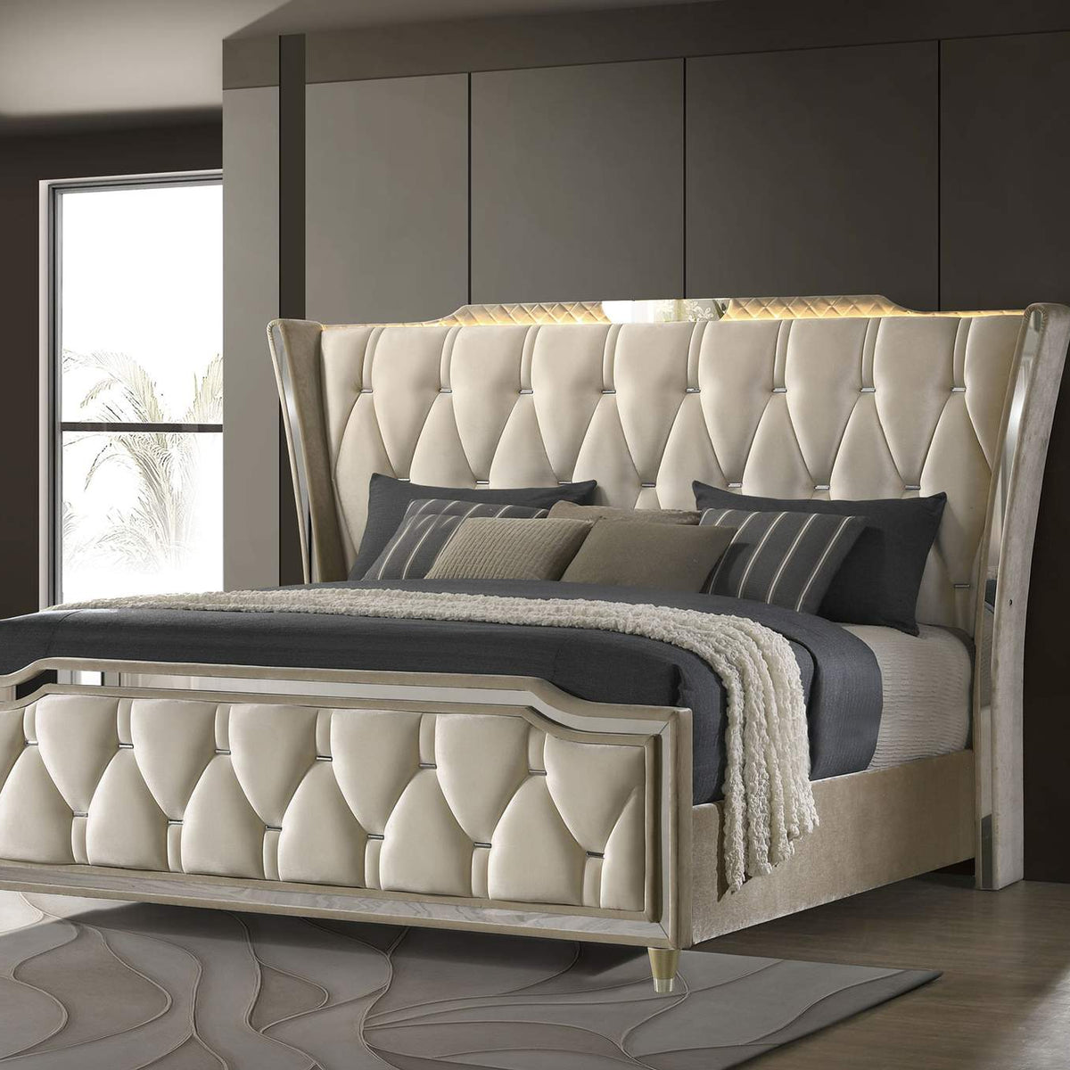 222661KE Lorient Eastern King LED Upholstered Bed Ivory and Camel