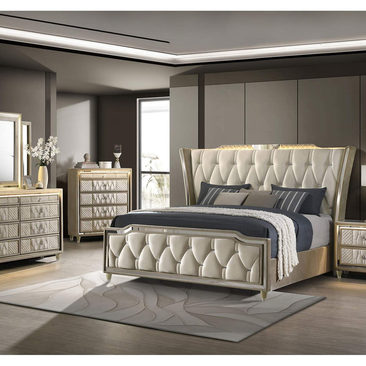 222661KE Lorient Eastern King LED Upholstered Bed Ivory and Camel