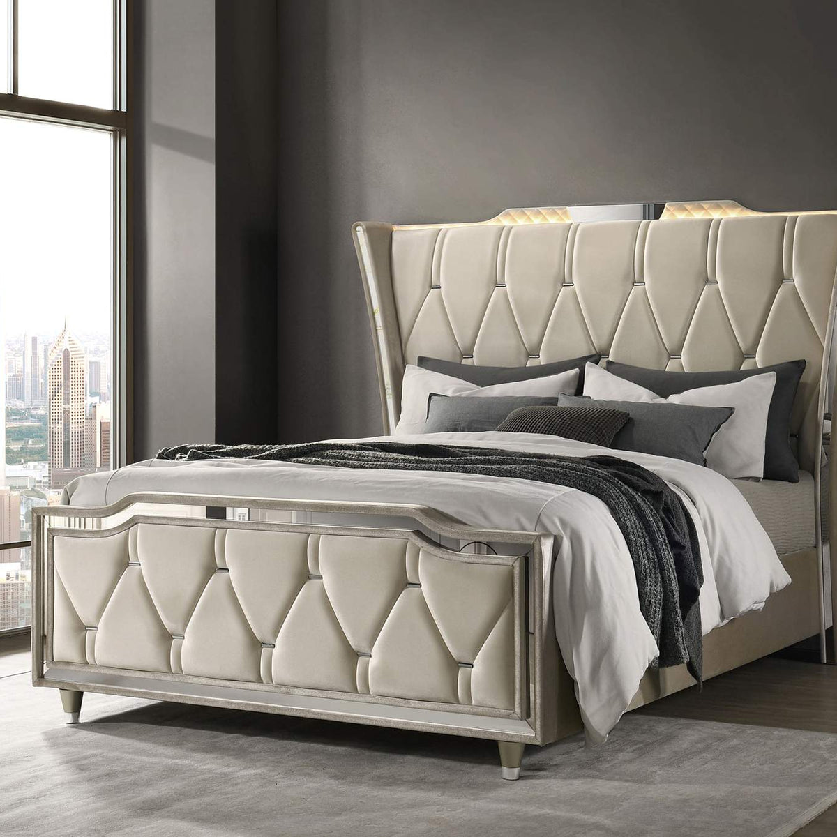 222661Q Lorient Queen LED Upholstered Wingback Bed Ivory and Camel