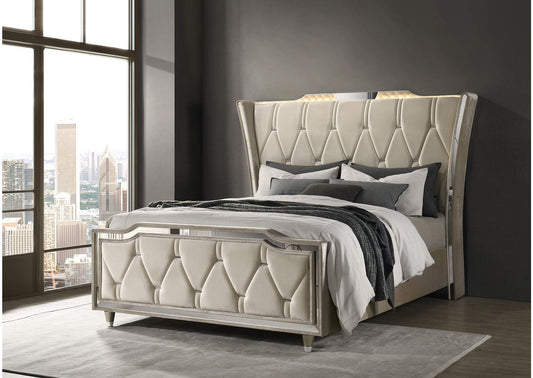 222661Q Lorient Queen LED Upholstered Wingback Bed Ivory and Camel