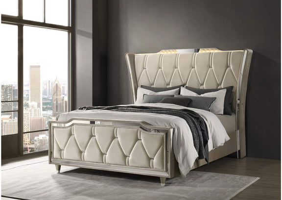 222661Q Lorient Queen LED Upholstered Wingback Bed Ivory and Camel
