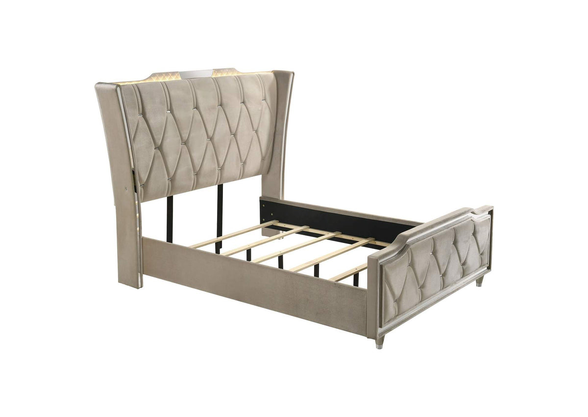 222661Q Lorient Queen LED Upholstered Wingback Bed Ivory and Camel