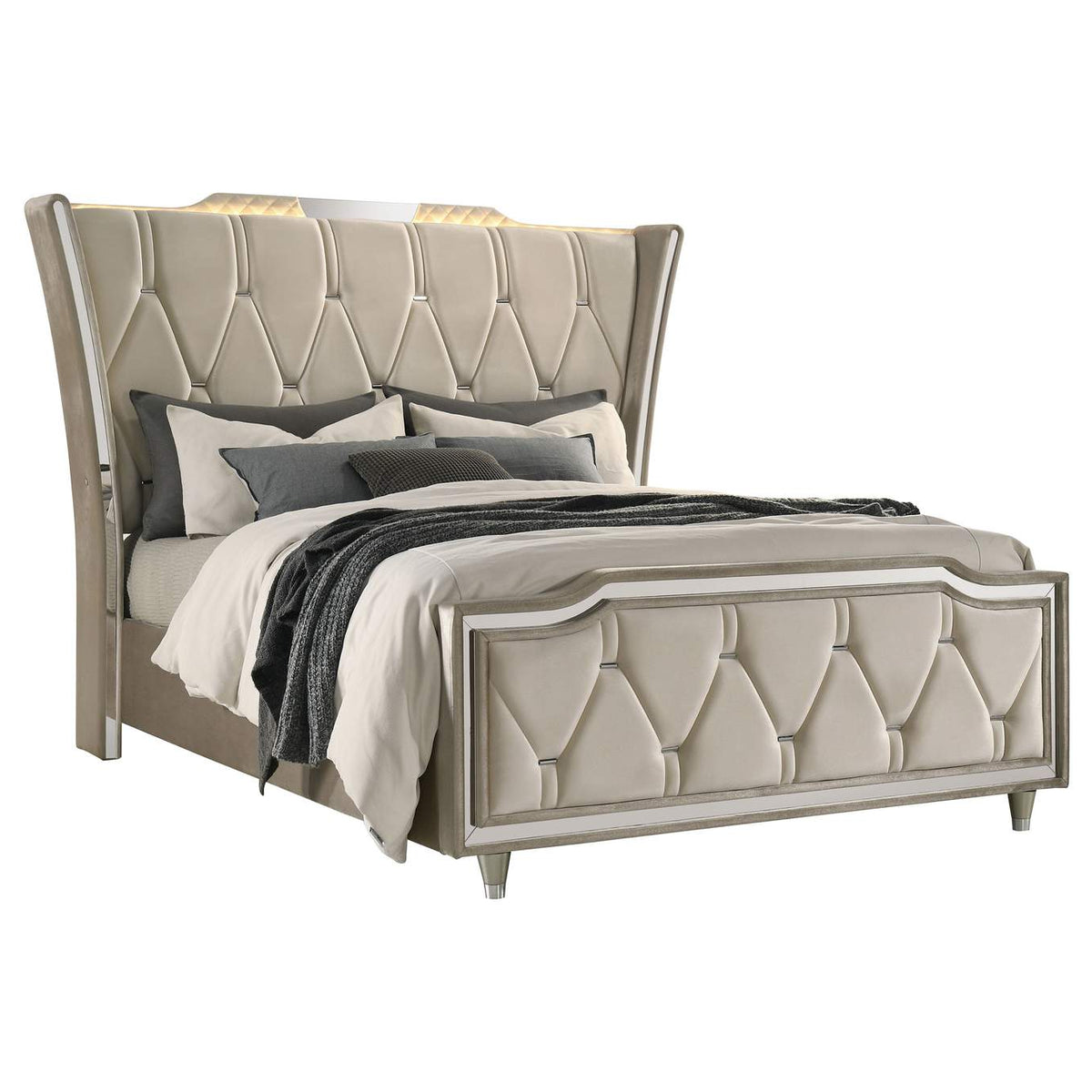 222661Q Lorient Queen LED Upholstered Wingback Bed Ivory and Camel