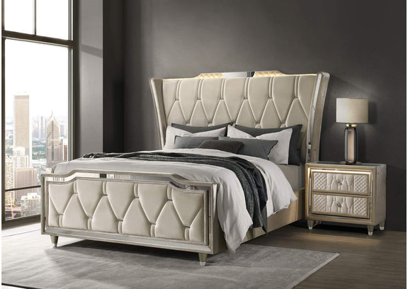 222661Q Lorient Queen LED Upholstered Wingback Bed Ivory and Camel