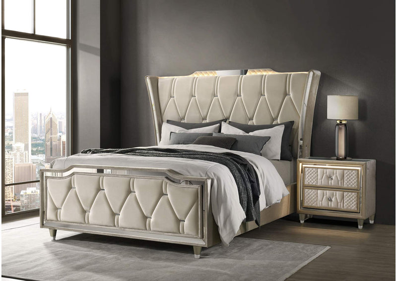 222661Q Lorient Queen LED Upholstered Wingback Bed Ivory and Camel