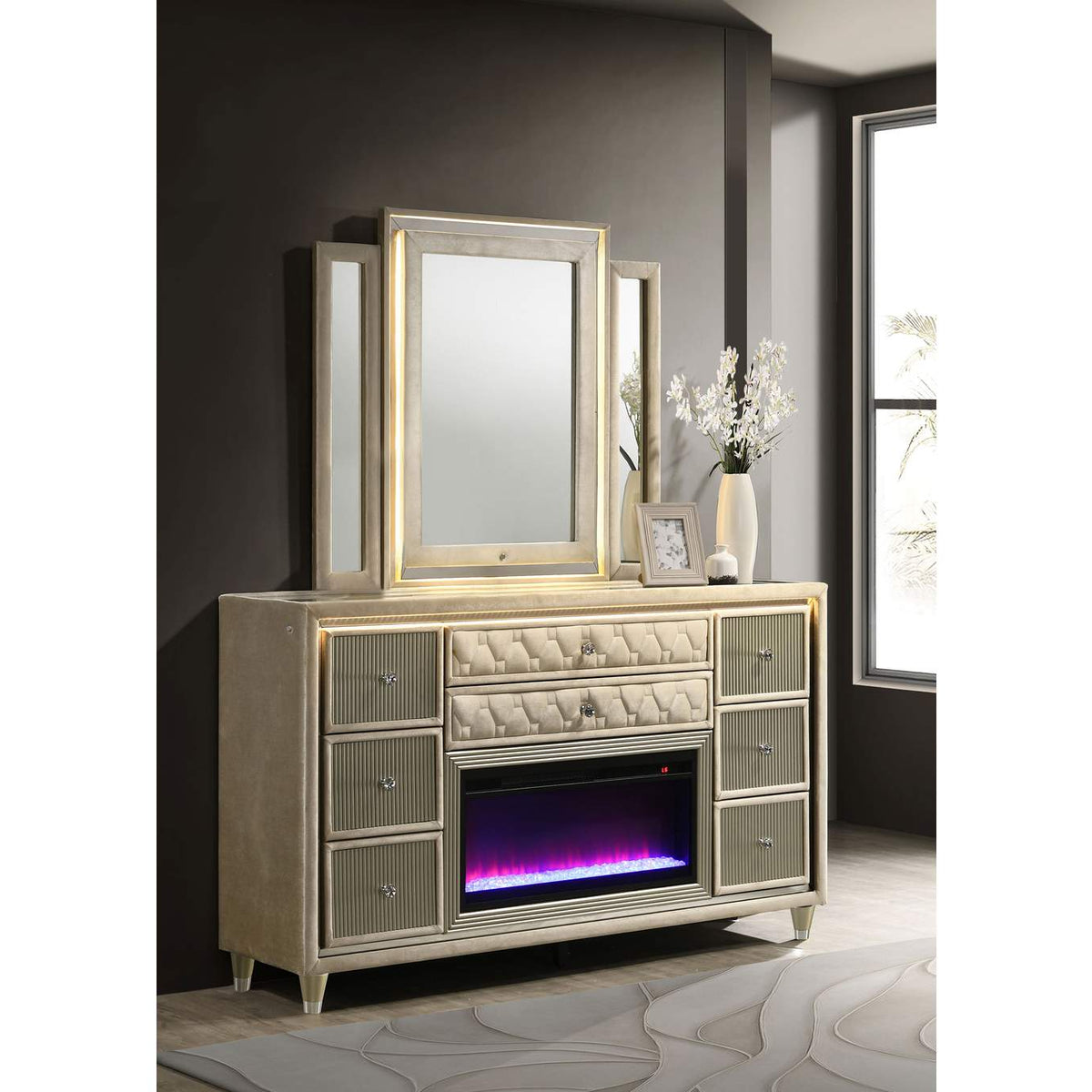 222663FBM Lorient 8-drawer LED Flame Box Dresser and Mirror Ivory Camel