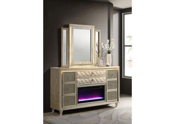 222663FBM Lorient 8-drawer LED Flame Box Dresser and Mirror Ivory Camel
